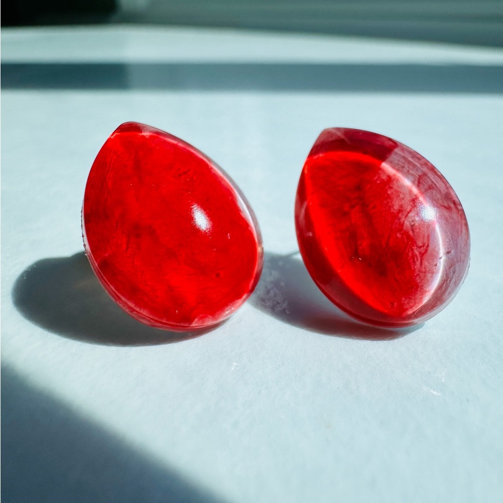 Blood Red Swirl Teardrop Earrings, Handmade, Resin